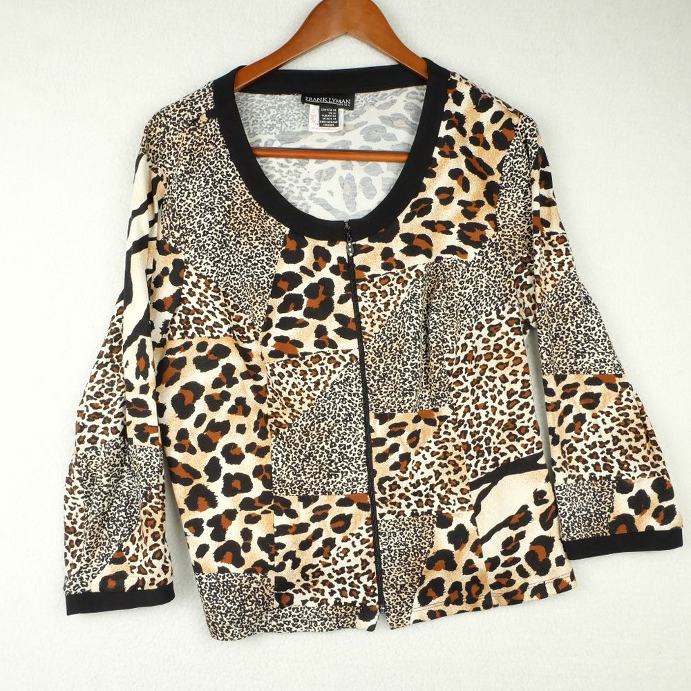 Vintage Womens Shirt Top 14 Brown White Cheetah Leopard Print Full Zip 80s